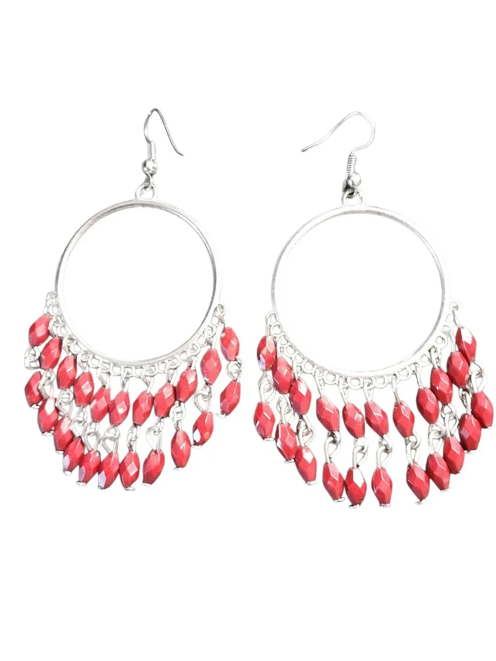 Silvertone Hoop Earrings with Maroon Beads